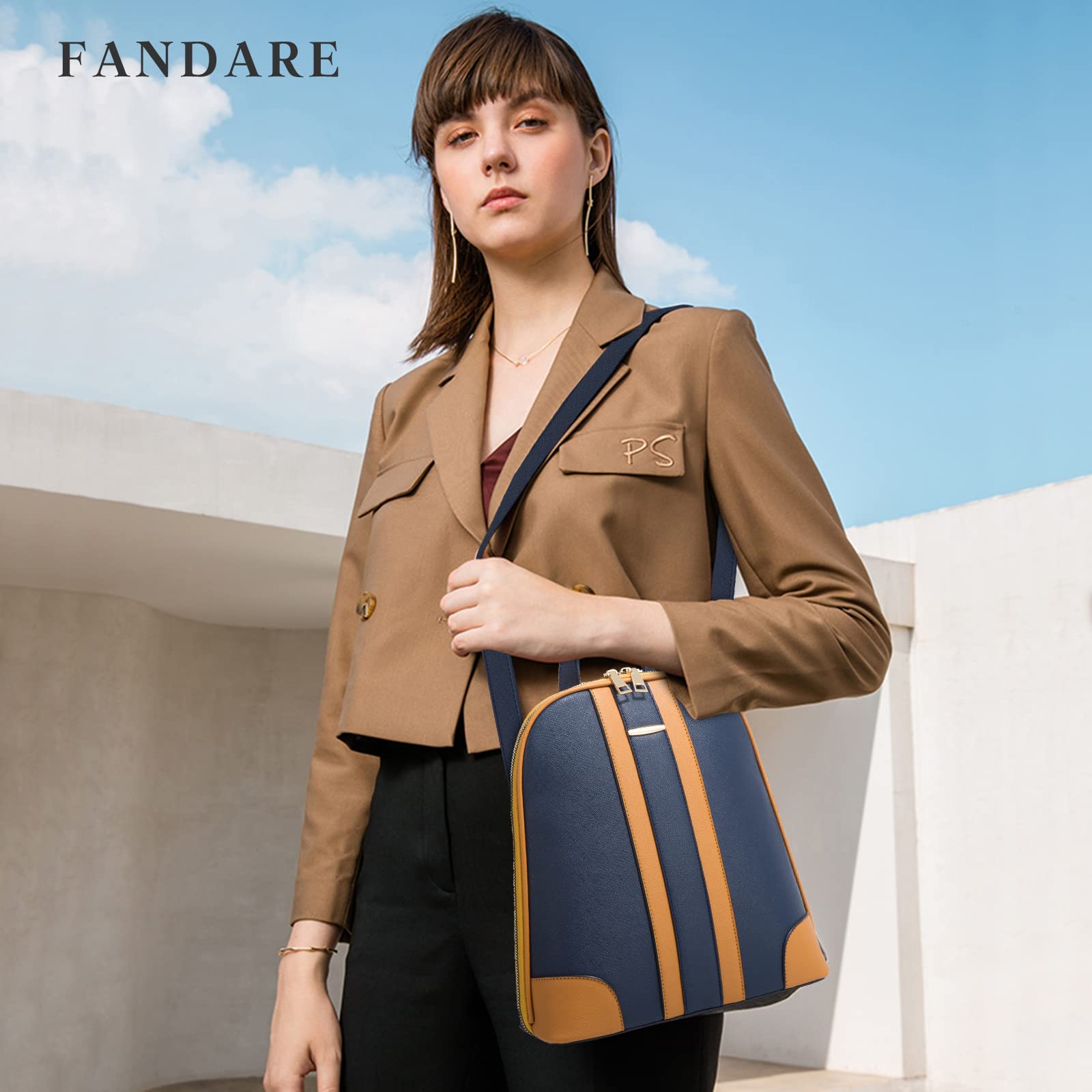 FANDARE 3 Pcs Women Backpack Shoulder Bags PU Leather Ladies Rucksack Waterproof Anti-theft Daypack for Work Travel Office Shopping Blue