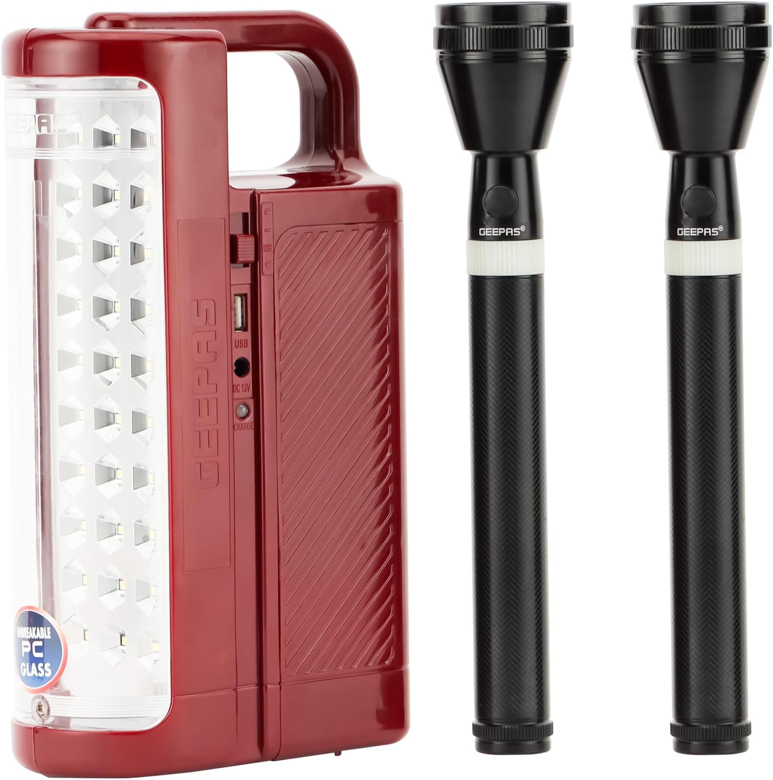 Geepas Rechargeable LED Lantern & 2Pcs Torch |Emergency Lantern with Light Dimmer Function | 24 Pcs Super Bright LEDs|Ideal for Outings, Trekking, Campaigning and more