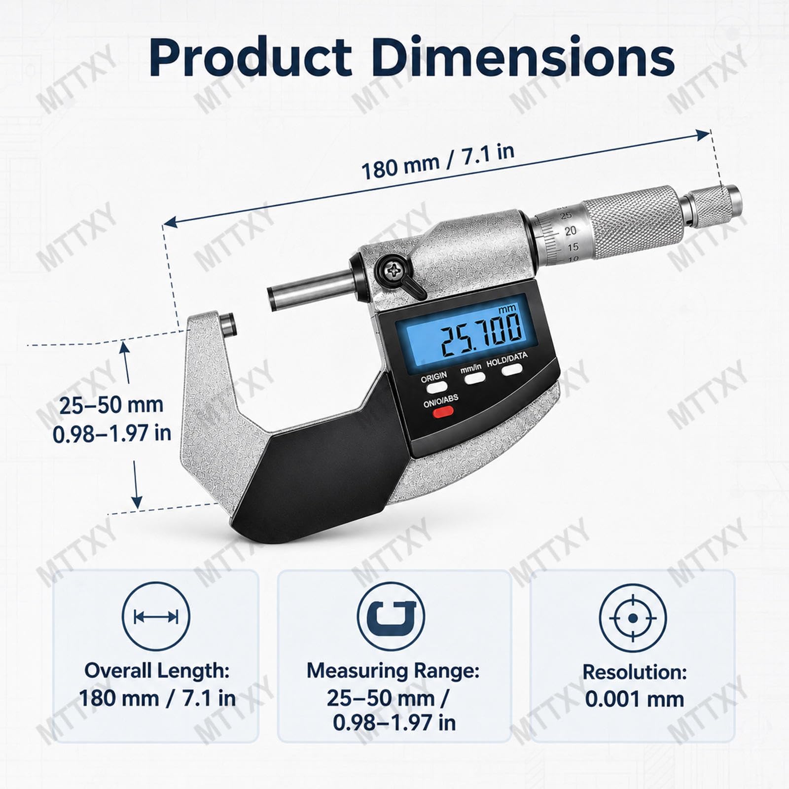 Micrómetro Exterior Digital 25-50 mm LCD para Taller | Pantalla LCD y escala mecánica para medir piezas, chapas y espesores con cambio rápido mm pulgadas.