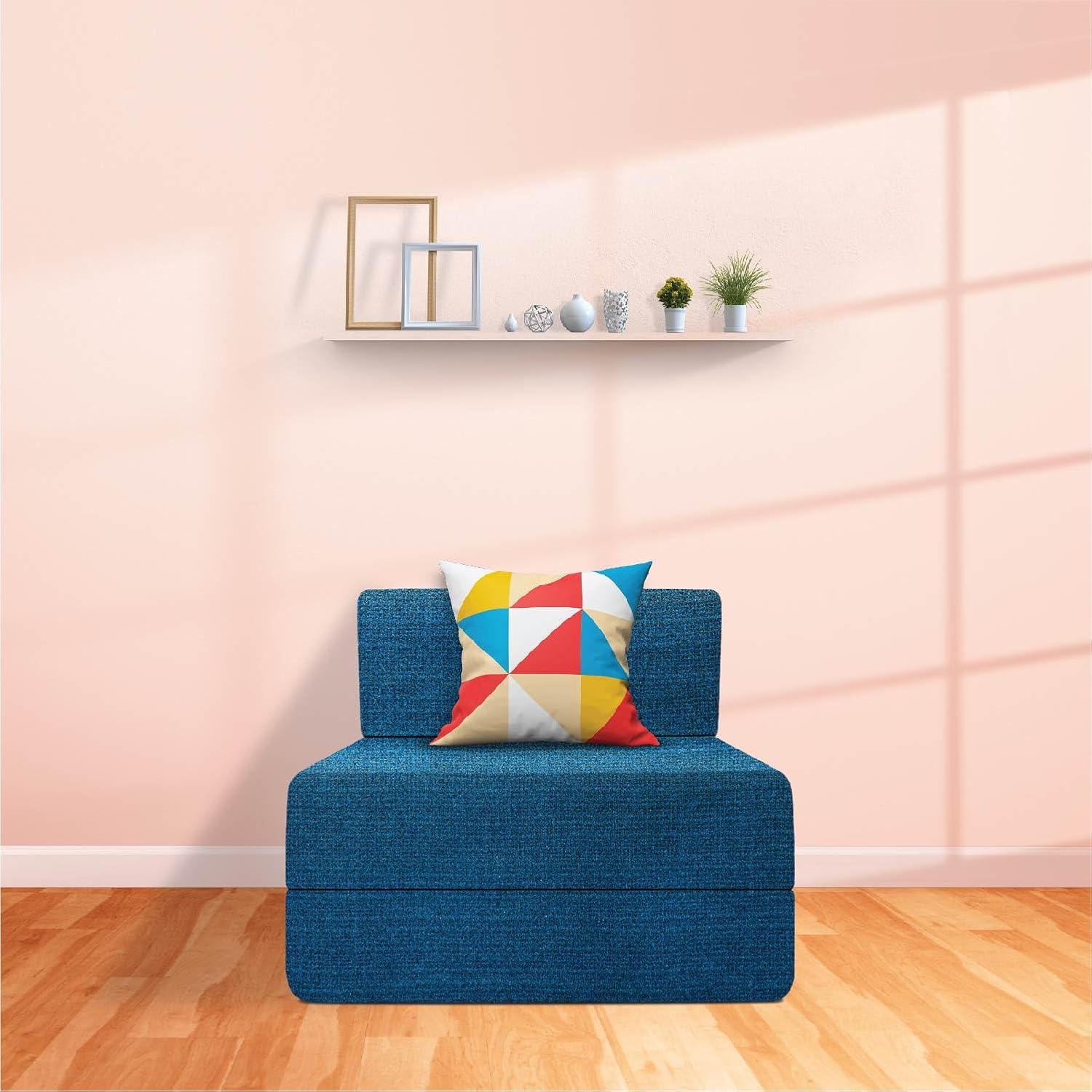 Starlon 1 Seater Sofa Cum Bed | Jute Fabric Washable Cover | 3′ X 6′ Feet (Teal with Geometrical Pillow) Starlon 1 Seater Sofa Cum Bed | Jute Fabric Washable Cover | 3′ X 6′ Feet (Teal with Geometrical Pillow)