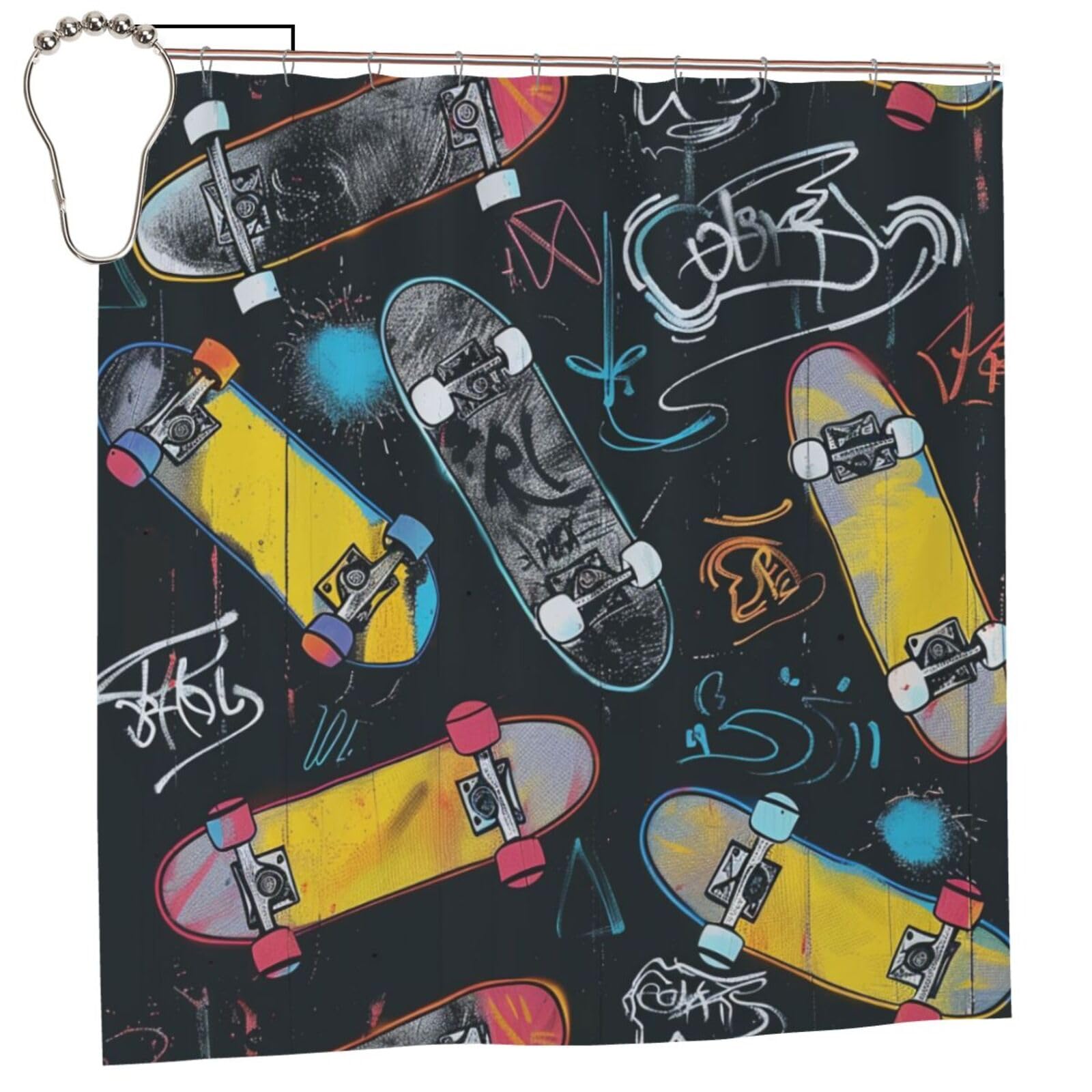 BWWHCCTI Graffiti Skateboard Printed Shower Curtain With 12 Iron Hooks Opaque Quick Drying Waterproof Shower Curtains Sets For Bathroom 183x183 CM