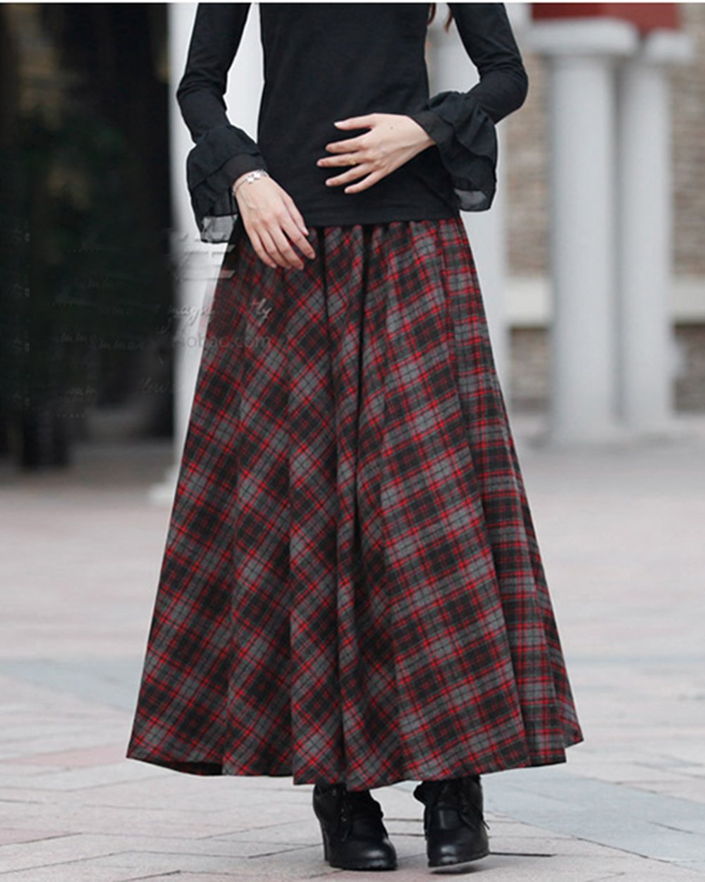 Damen Dicker Vintage Plaid Faltenrock Herbst Winter Lange Röcke