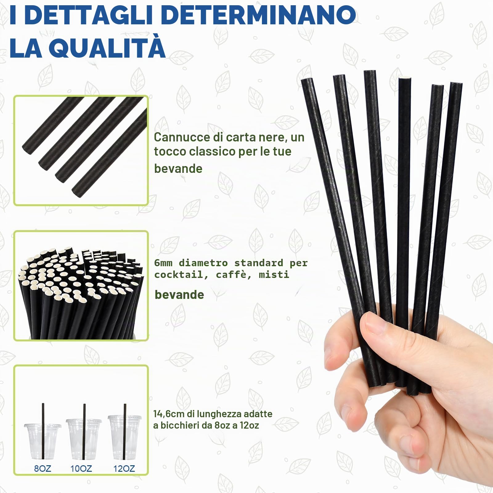Confezione da 500 cannucce e bastoncini per cocktail ecologici in carta nera – 14,6 x 0,6 cm, per casa, bar e ristoranti