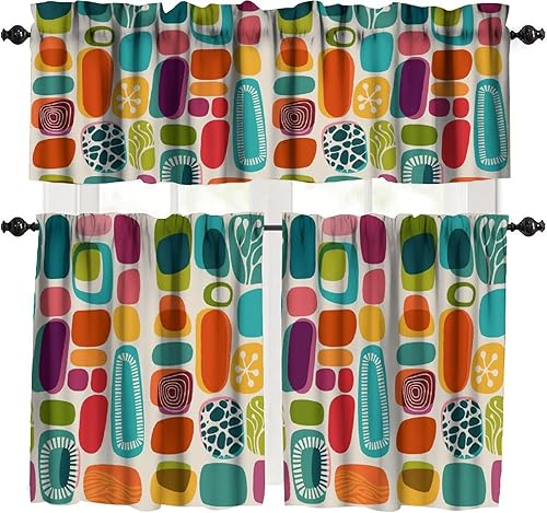 Miniatura 37 de Cortinas de cenefa de cocina de mediados de siglo, diseño geométrico abstracto de mediados de siglo, retro, moderno, tratamiento de ventana pequeña