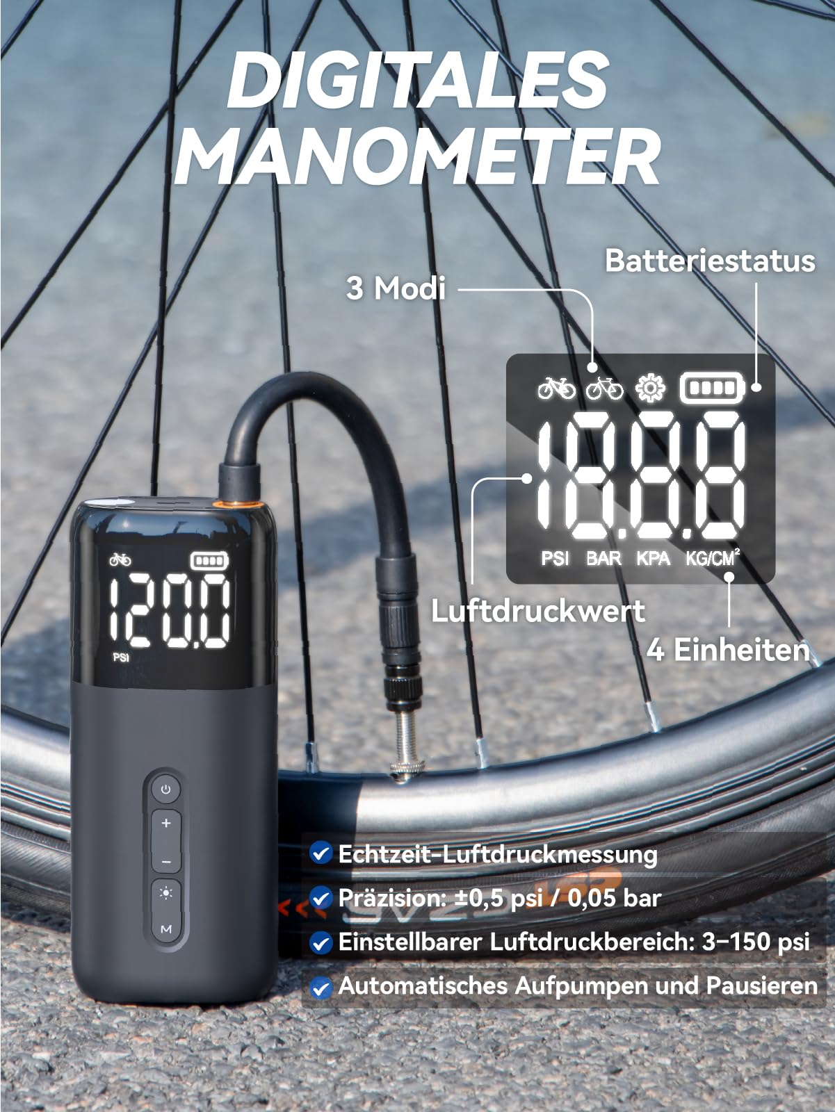 GPUTEK HT10 Elektrische Fahrradpumpe, 150PSI Akku Mini Luftpumpe Fahrrad mit Digitales Druckmessgerät, Fahrrad Pumpe mit Presta- und Schrader-Ventil, für Rennrad, Mountainbike, E-Bike, Stadtrad