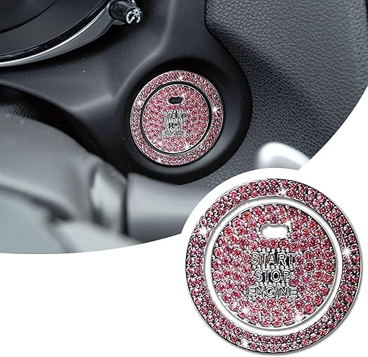 Car Engine Start Ring Sticker, Sparkling Rhinestone Push Start Button Decorative Cover, Anti-Scratch Key Ignition & Knob Bling Ring, Car Interior Accessories for Women Girl (Pink)