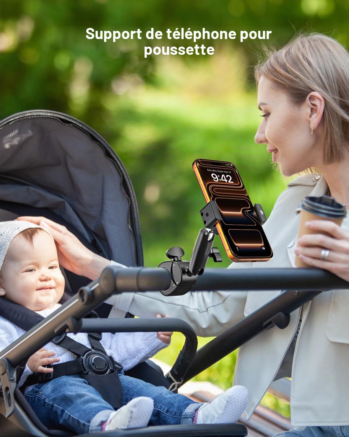 Support Téléphone Poussette - Bras Métallique à 360° & Super Stable | Velo Appartement Home Trainer Tapis de Course Support Guidon pour iPhone 17 Pro Max, 16, 15, Galaxy S26, S25, Pixel, 4-7"