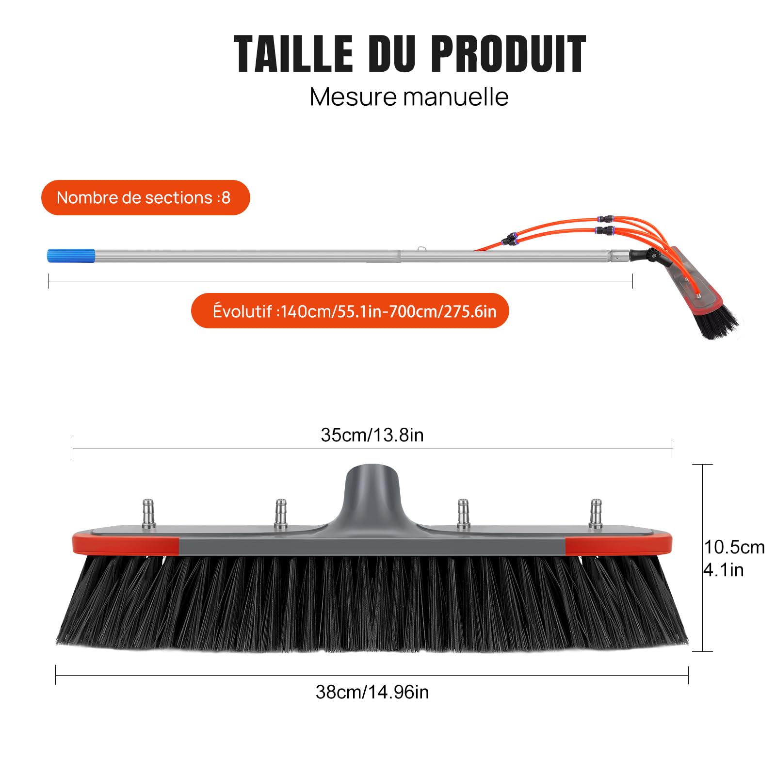 Brosse de Lavage Télescopique 7 m avec Alimentation en Eau - Kit Nettoyage Panneaux Solaires, Fenêtres et Toits - Perche Extensible de 140 cm à 700 cm - Tête PP Rotative