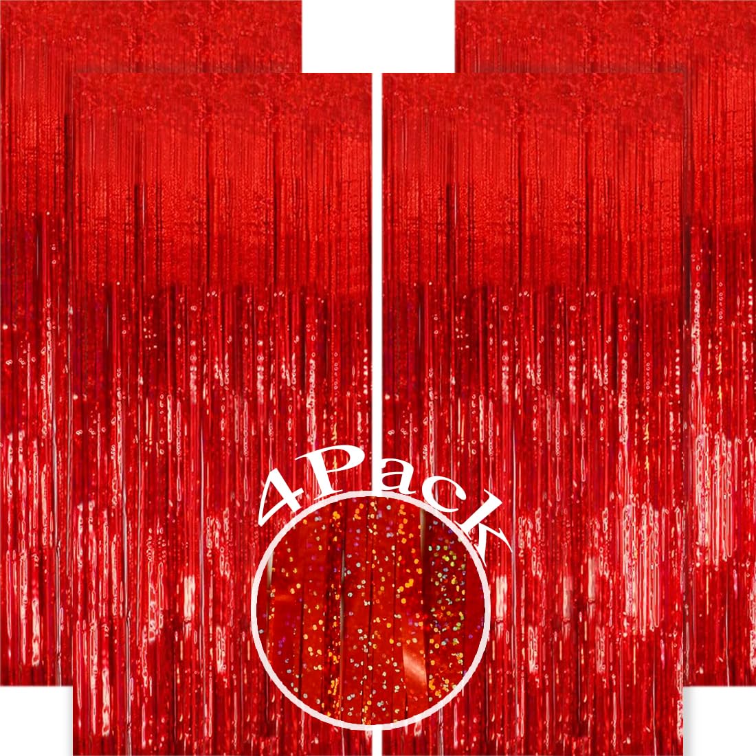 Slmeno 4 Pack Red Tinsel Foil Fringe Curtains Backdrop, Red Metallic Fringe Backdrop Curtains Glitter Party Streamers, for Birthday Valentines New Year Holiday Party Decorations