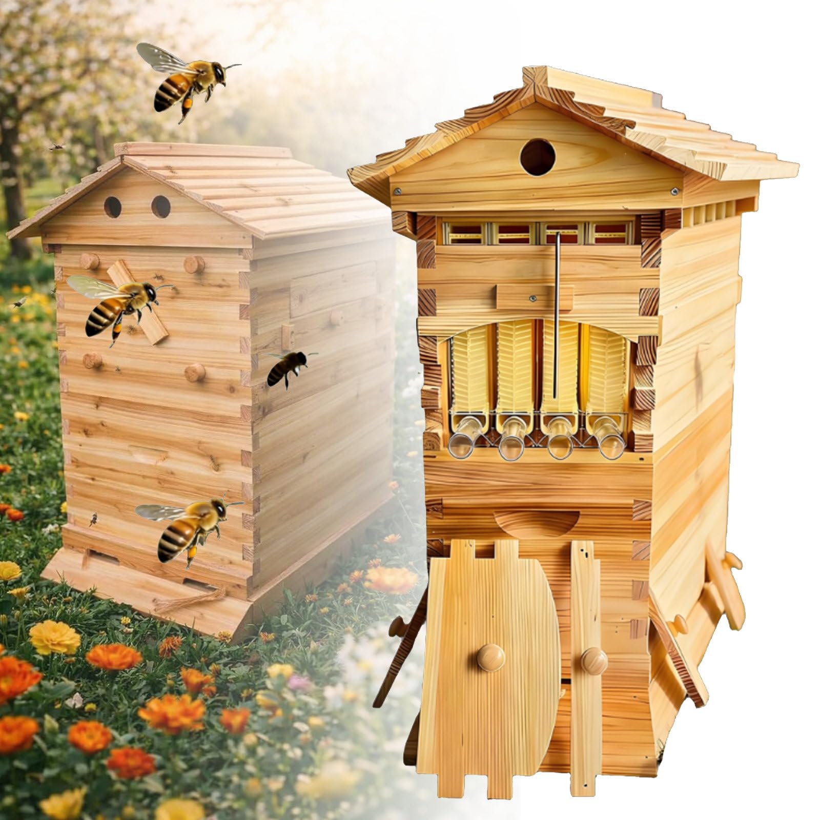 GIZMIT Wooden Bee Hive Box, Bee Hive Starter Kit, Bee Hives Boxes Starter Kit with Observation Window & Honey Spout, Complete Beekeeping Supplies for Backyard Beginners