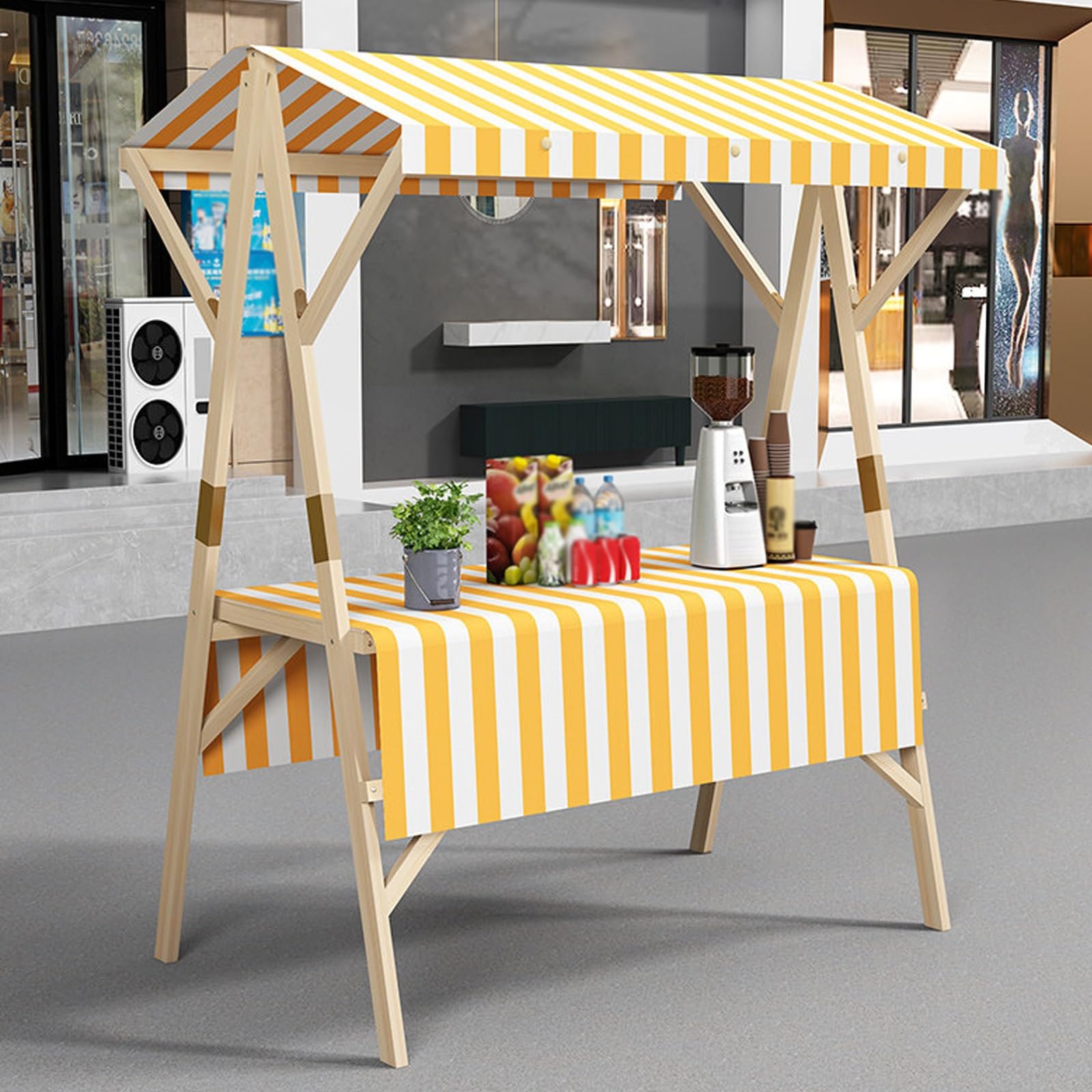 Mobiler Marktstand Verkaufsstand, Marktstand Imbisswagen Aus Holz, Faltbarer Verkaufsstand mit Vordach, für Blumen, Desserts und Andere Produkte(Yellow,120x60x200cm)