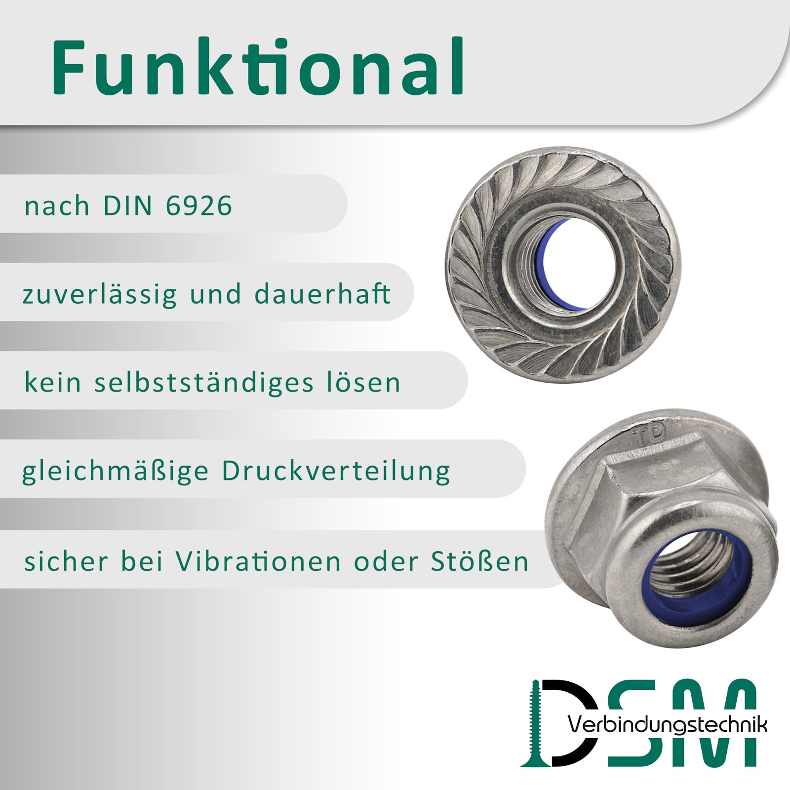 DSM - Dadi flangia M8 - Acciaio inox A2/V2A - Dadi di bloccaggio DIN 6926 - Autobloccanti con dentatura di bloccaggio - Dado esagonale con flangia - Dadi di bloccaggio resistenti alla corrosione - 100