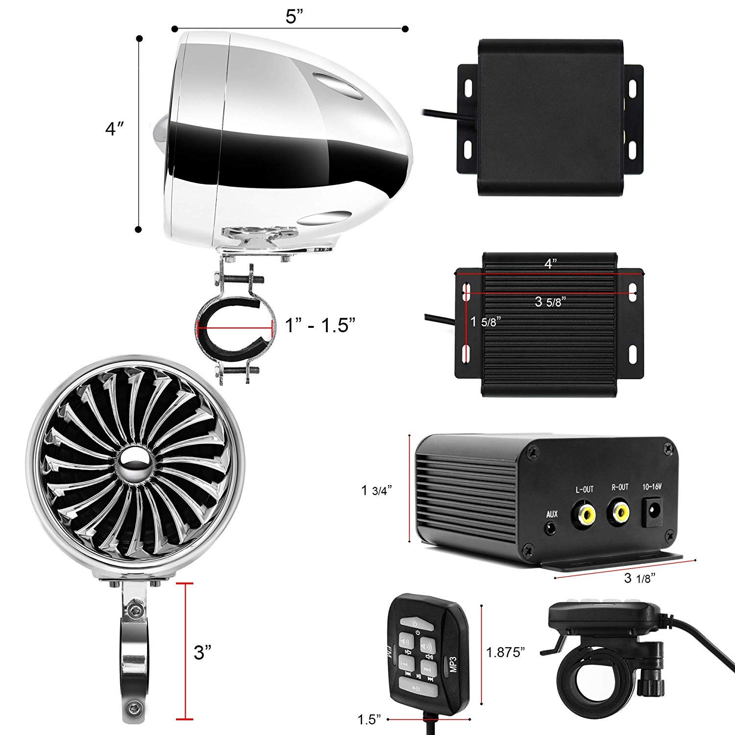 M150 Moto Sistema Audio Amplificatore con AUX, MP3, Radio FM, 4 pollici Impermeabile Bluetooth Altoparlanti Stereo, Adatto per 1-1.5 in. Manubrio Moto ATV UTV RZR (Chrome, Ventilatore)