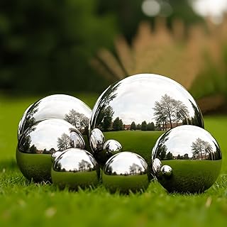 6 Pcs Stainless Steel Mirror Balls – 50-150mm Garden Ornaments Outdoor, Reflective Steel Balls for Decorations, Home Decoration, and Garden Pond Décor (Multi Colour)