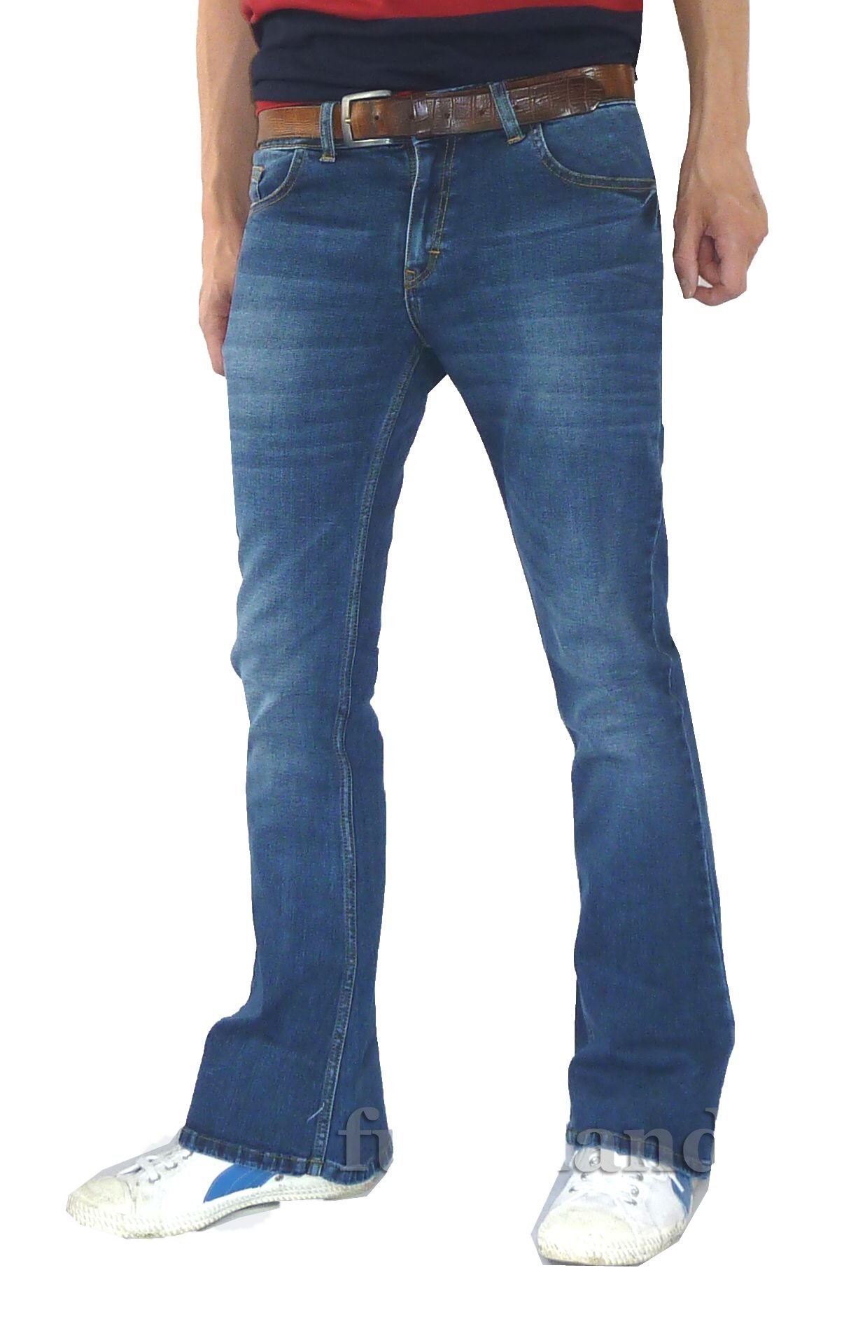 Mens Denim Bell Bottoms Flares Jeans 60s 70s Indie Hippie Flared Faded Blue