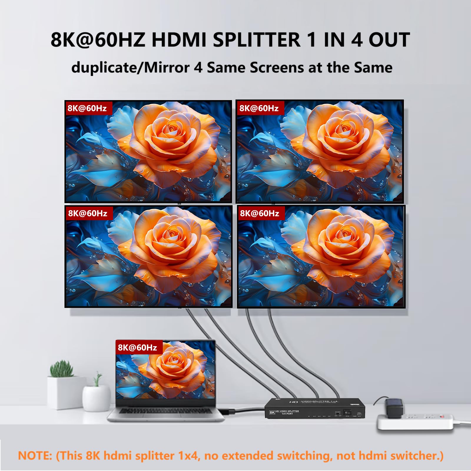 Splitter HDMI 8K 1 in 4 Out, 4K @ 120Hz 1X4 hdmi 2.1 Splitter Supporto 8K @60Hz, 4:4:4, 48 Gbps, EDID, Auto Down Scaler, 8K e 4K o 1080P Sync HDCP 2.3, VRR, HDR10+ per PS5, laptop, HDTV, proiettore