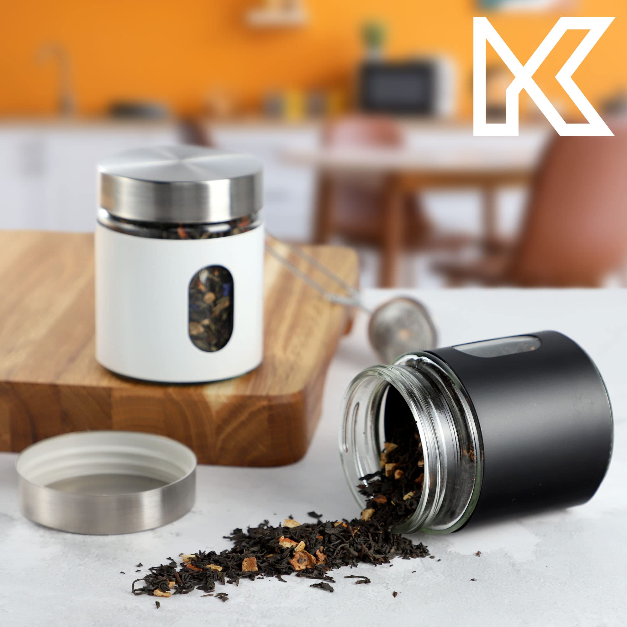 KADAX Contenitore da cucina, 320 ml, in vetro e acciaio inox, con tappo a vite, contenitore per farina, zucchero, caffè (nero)