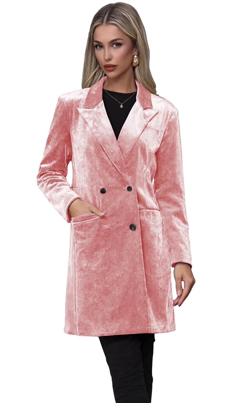 Womens Velvet Blazer Jackets Casual Peak Collar Long Blazers for Women Double Breasted Work Office Outfits