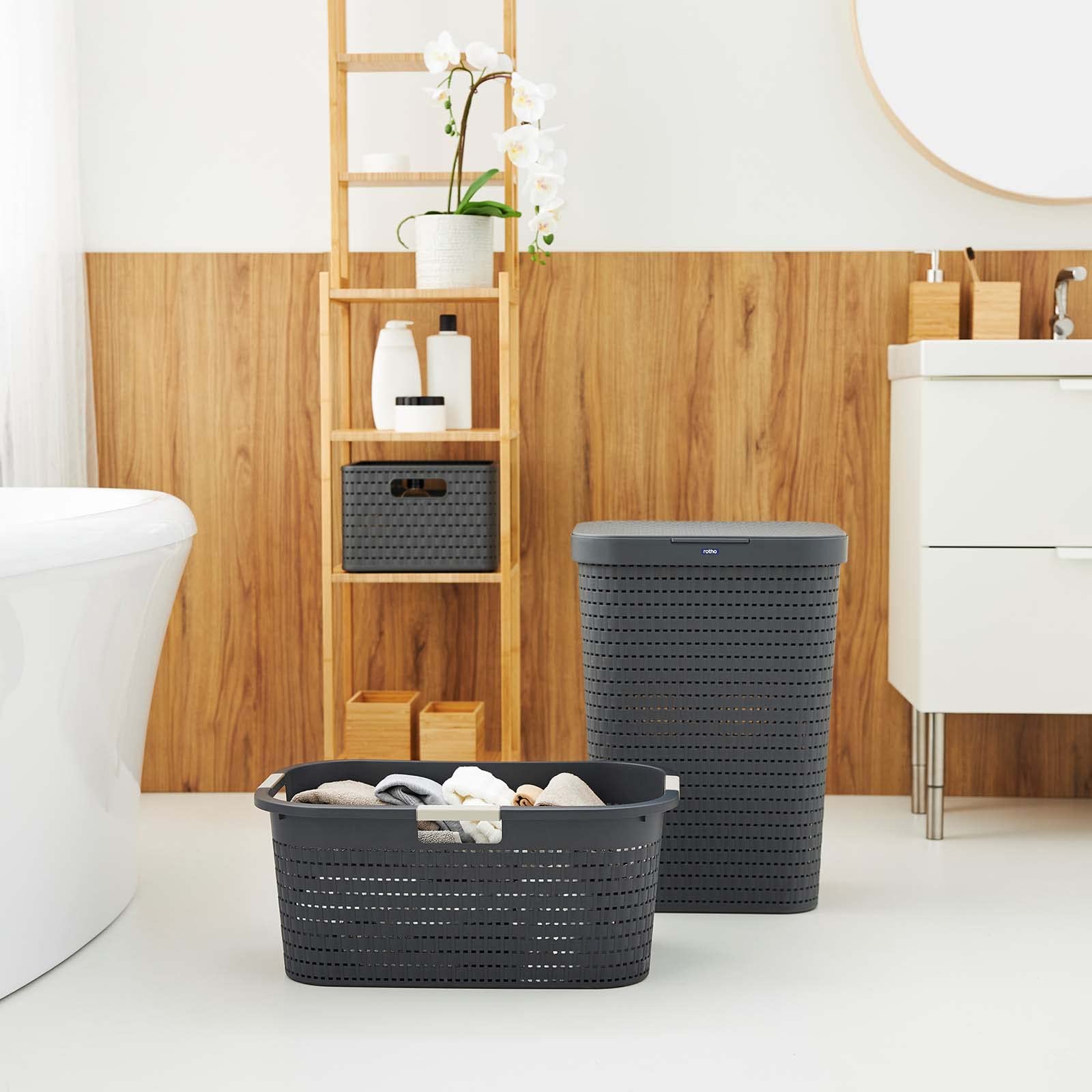 Rotho Country 2er-Set Wäschesammler und Wäschekorb 1x 40l & 1x 55l | Einsteiger-Set in Rattan-Optik | leicht zu tragen | robust & langlebig | einfach zu reinigen & hygienisch | anthrazit