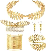 Nswayy 5 Pièces Déesse Grecque Costume, Couronne de Laurier Déguisement, Couronne de Laurier, Bracelet Manchette, Boucles d'Oreilles Perle, Peigne À Cheveux Latéral et Bracelet Bras pour Mariage