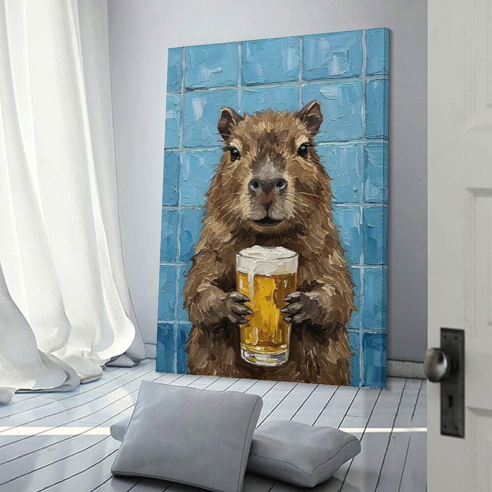Junmoney Capybara with Beer Painting Wall Decor Canvas Print 20x30inch(50x75cm), for Sofa Walls, Lounge Or Home Corners, Modern Wall Decor for Cosy Interiors