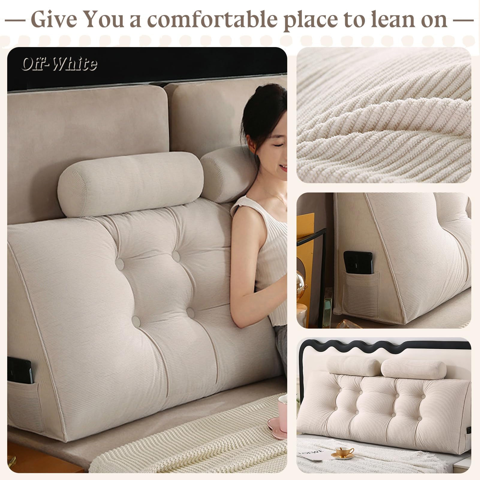 Cuscino lungo per letto: comodo cuscino da lettura, rimovibile, cuscino lombare triangolare, con cuscino cervicale (bianco, 150 x 50 x 20 cm)