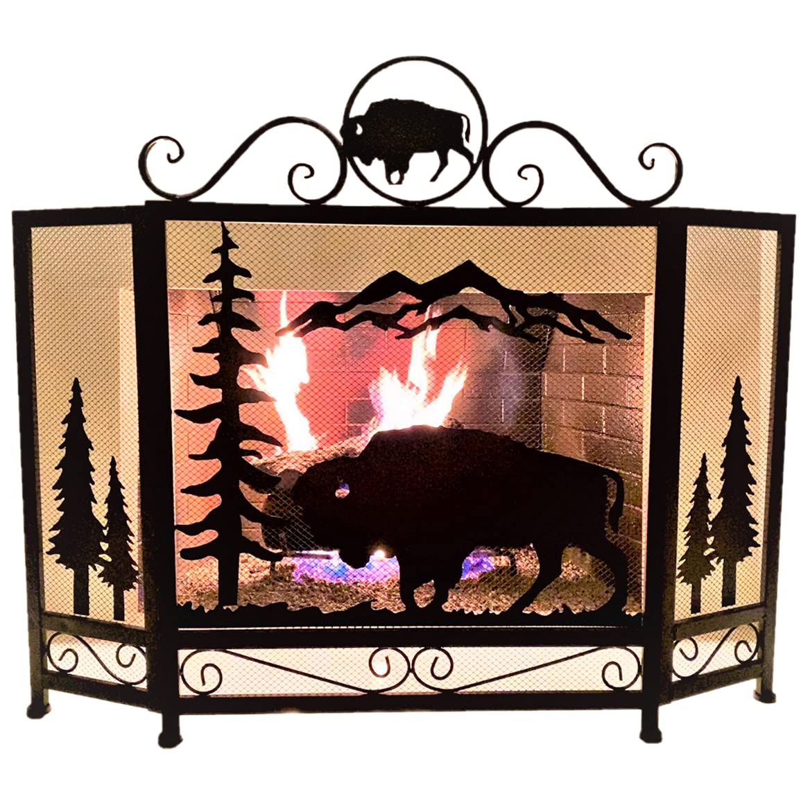 BestGiftEverAmerican Icon Majestic Bison with Mountain Scenery Tri-Fold Dark Brown Metal Fireplace Screen Foldable Decorative Cover