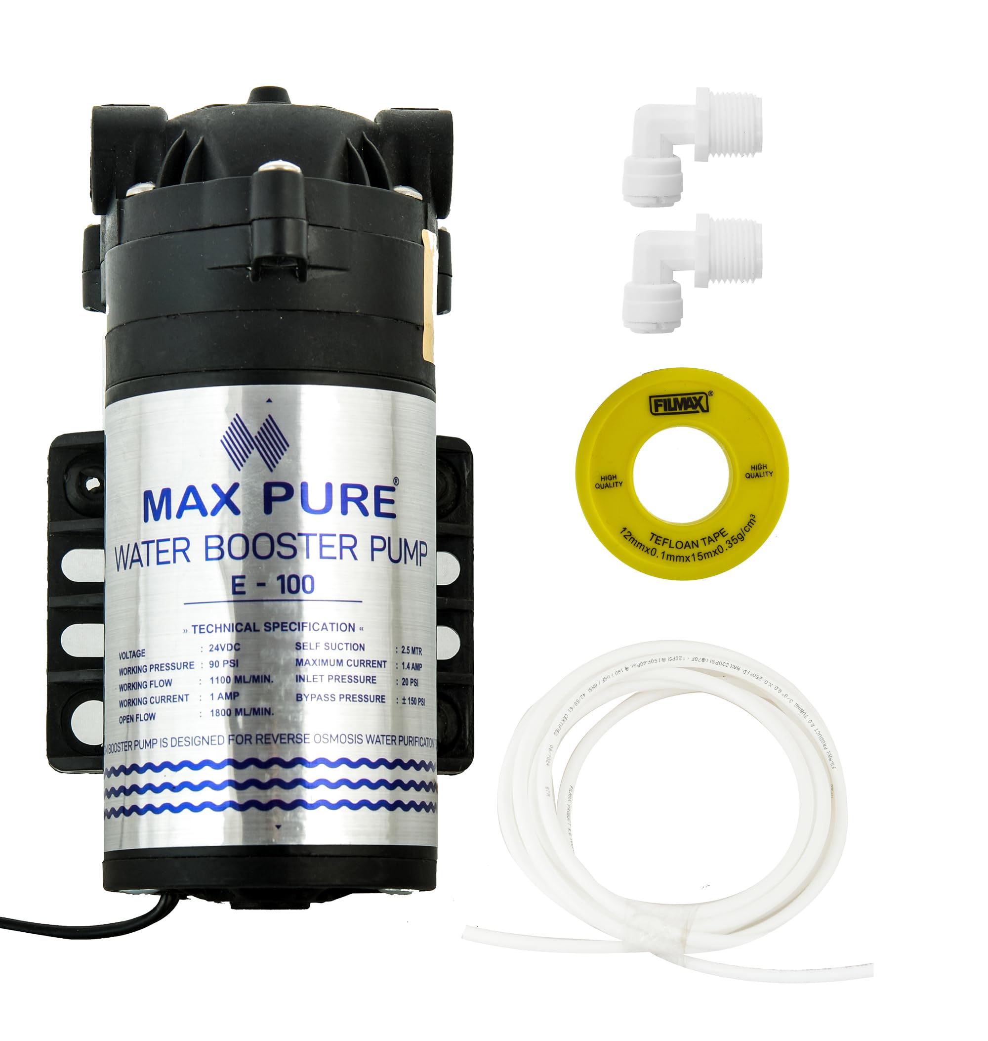 Maxpure® E-100 Booster Pump With 100 GPD Motor For RO Water Purifier L Noiseless Copper Winding Booster Pump With Corrosion Resistant RO Motor Pump