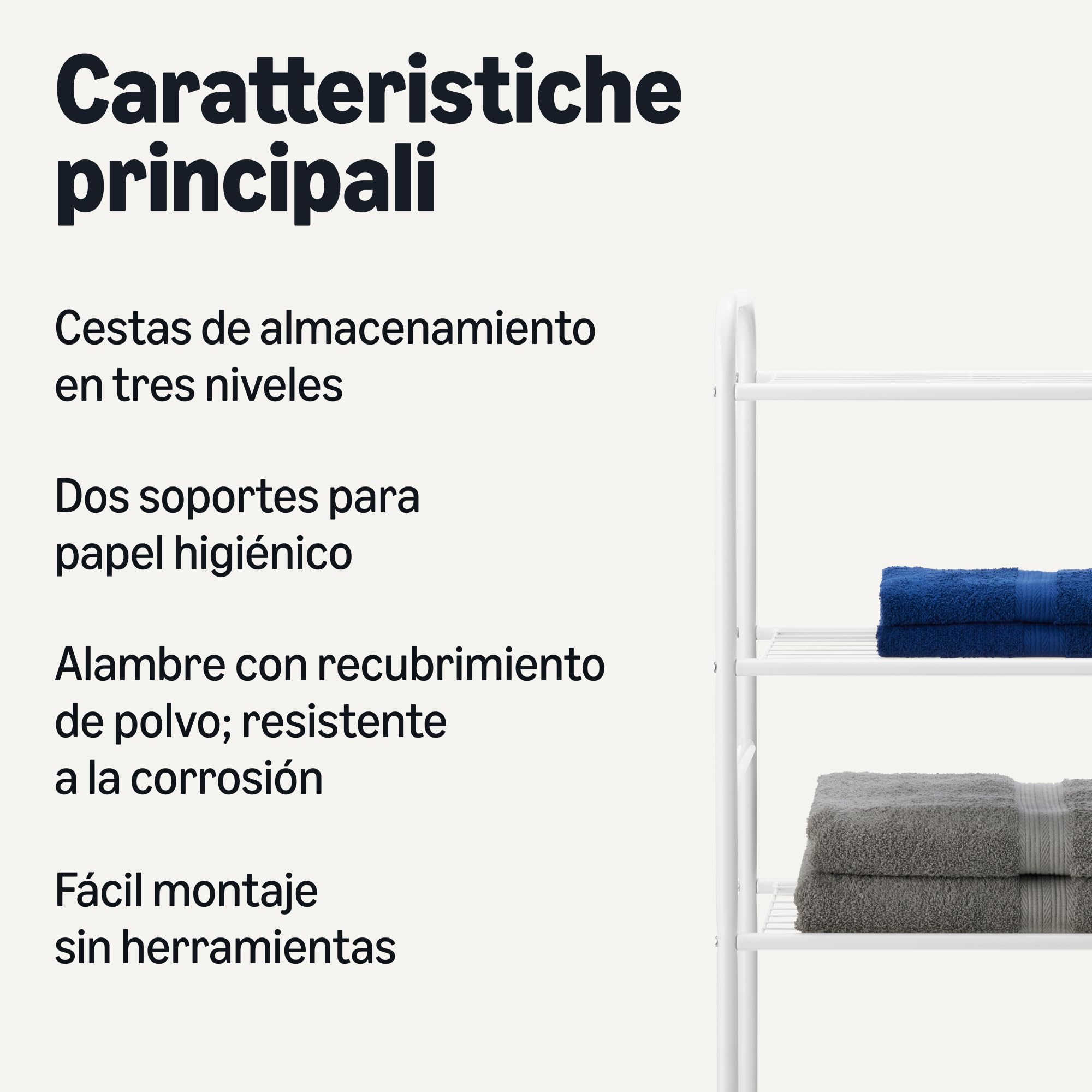Amazon Basics Estantería para Baño de 3 Niveles de Almacenamiento Sobre Inodoro con Portarrollos para Papel Higiénico, 35 x 81 x 165 cm, Blanco