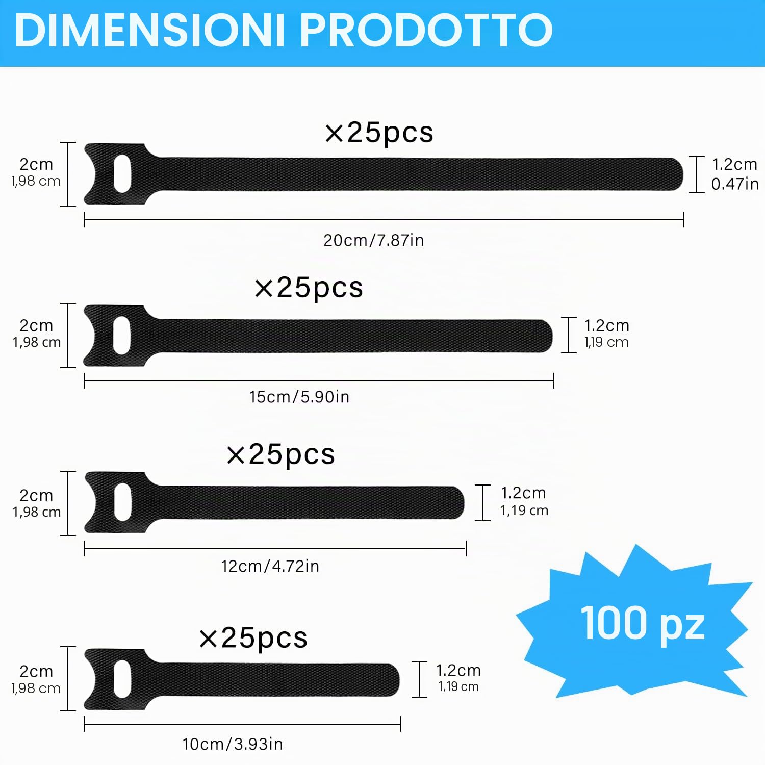 100 Fascette Cavi riutilizzabili, in 4 diverse lunghezze, 200 mm/150mm/120 mm/100 mm, Nylon Fascette nere, per casa, ufficio, ufficio