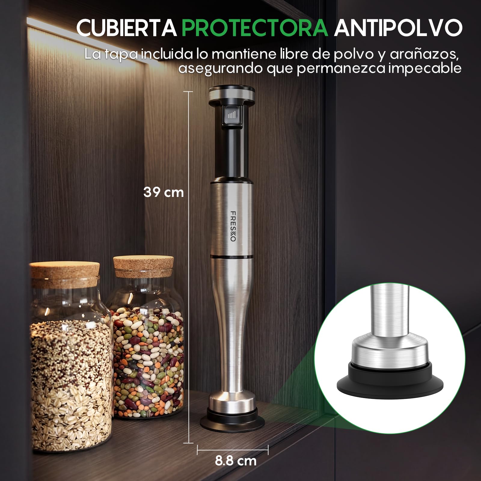 FRESKO Batidora de Mano 4 en 1 1000W, Velocidad Graduable, 4 Cuchillas Inox | Acero Inoxidable con Protector para Ollas, Batidora para Alimentos de Bebé, Sopas, Smoothies, Purés, Salsas, H9