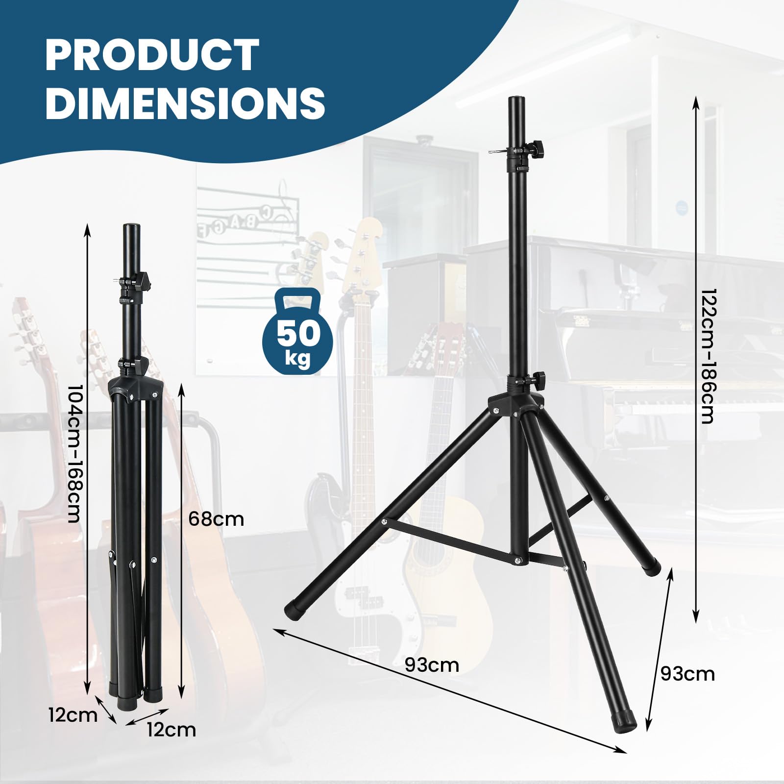 KOMFOTTEU Soporte de Altavoz Plegable, Trípode para Altavoces con Altura Ajustable de 122-186 cm, Soporte de Suelo de Metal con Carga de 50 kg, para Audio, Fiestas, Estudio de Música