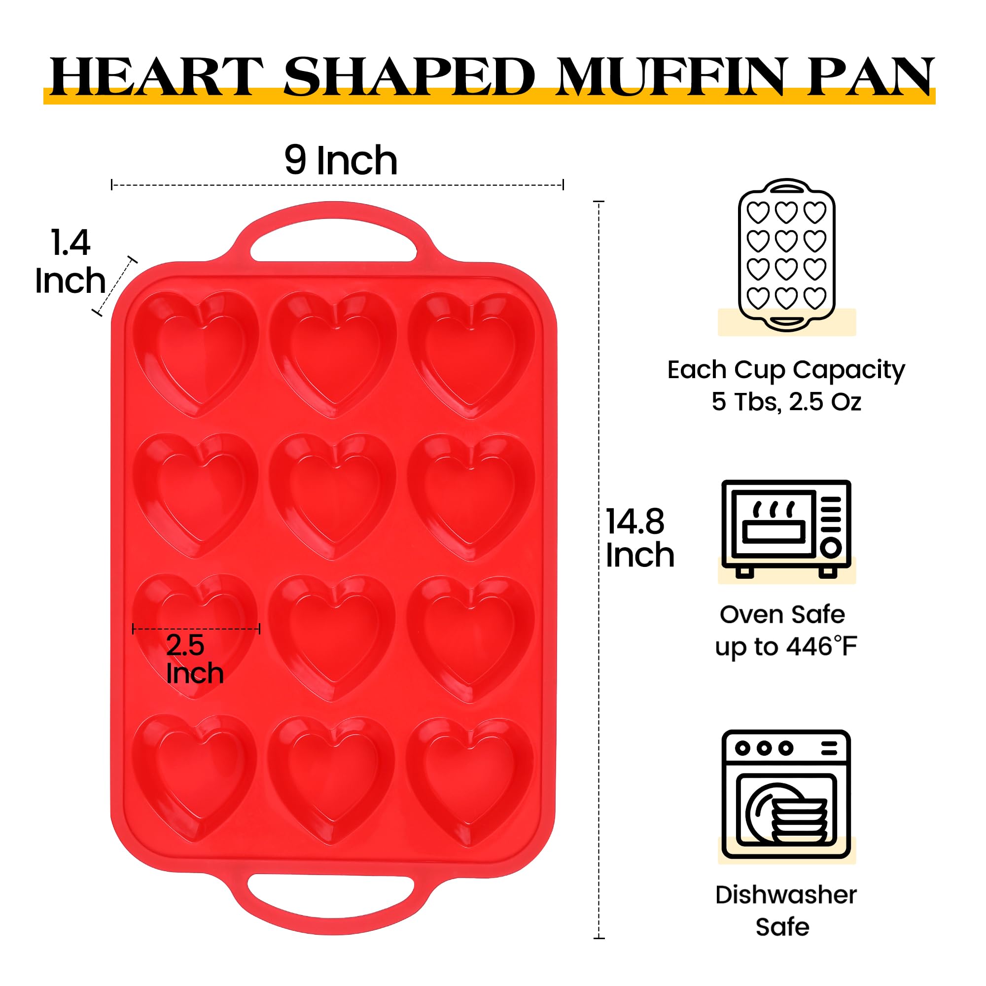 2 moldes para magdalenas en forma de corazón para hornear 12 tazas de silicona con forma de corazón para el día de San Valentín, bandeja antiadherente para cupcakes con marco reforzado de metal