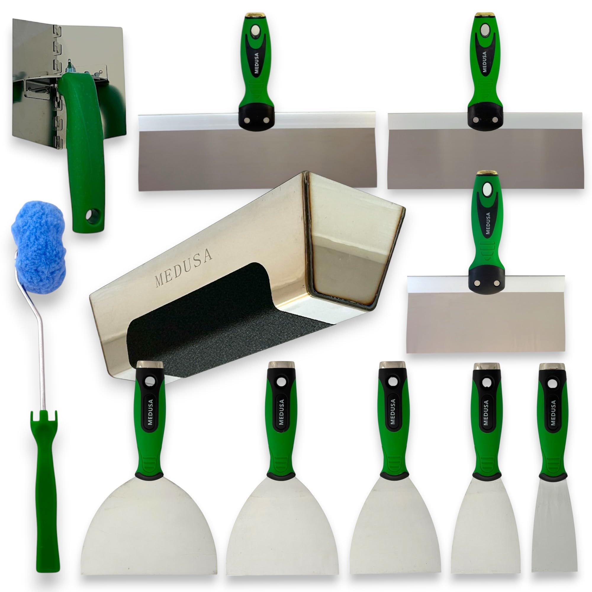 MEDUSA S.S. Drywall Taping Tool Set with Adjustable and reversible S.S. Angle Tool, Removable and Replaceable Corner Mud Roller and Professional Grade