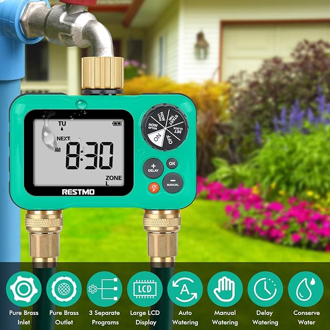 The RESTMO Sprinkler Timer is a convenient and versatile programmable water timer designed for garden hose use. It features a durable brass inlet and outlet for lasting performance and stability. This 2-zone timer allows users to program up to 3 separate watering programs for different zones in their garden or lawn.