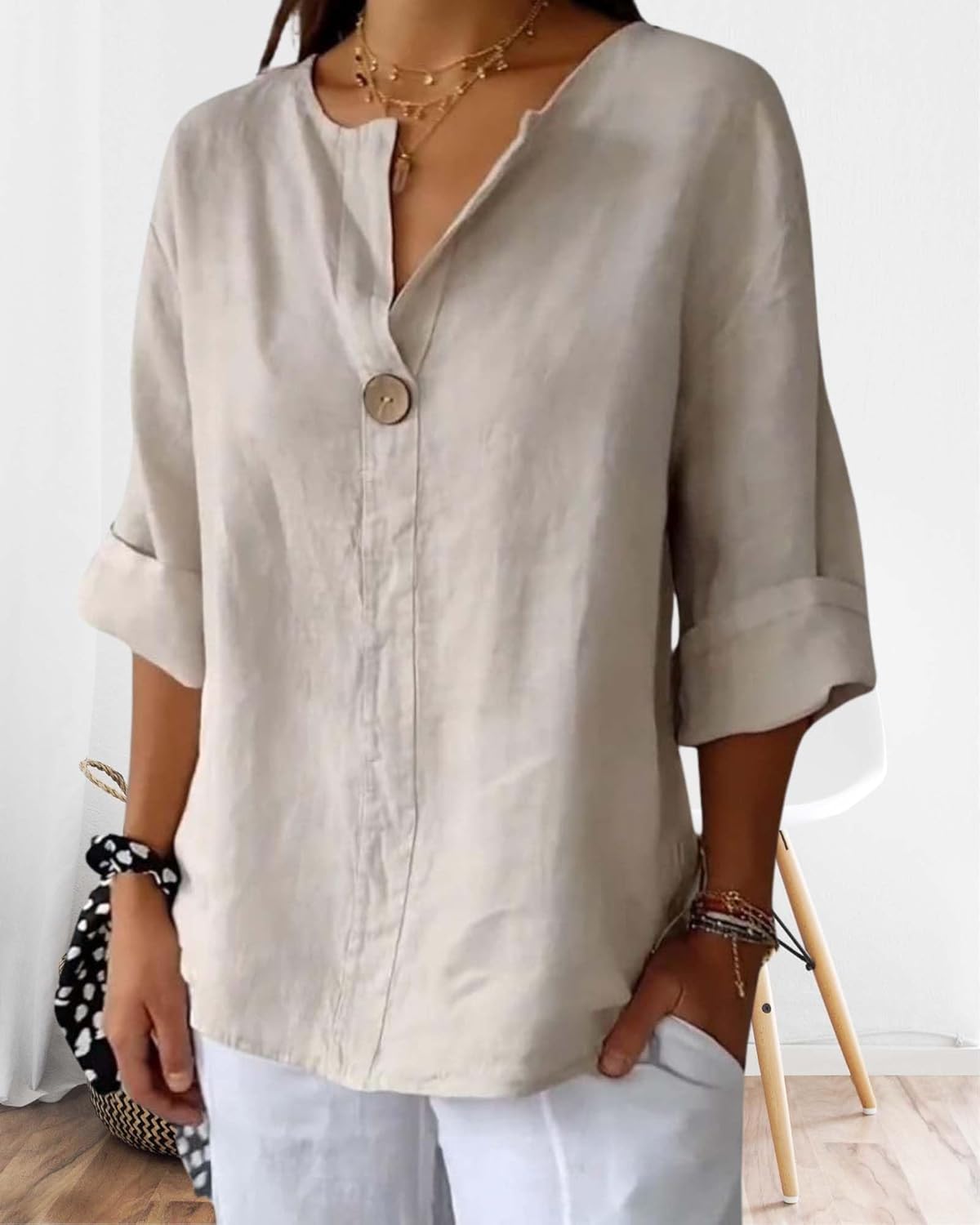 Womens Cotton Linen Button Down Shirts Casual Summer V Neck 3/4 Sleeve Solid Loose Fit Tunic Tops Vacation Tee - Image 2