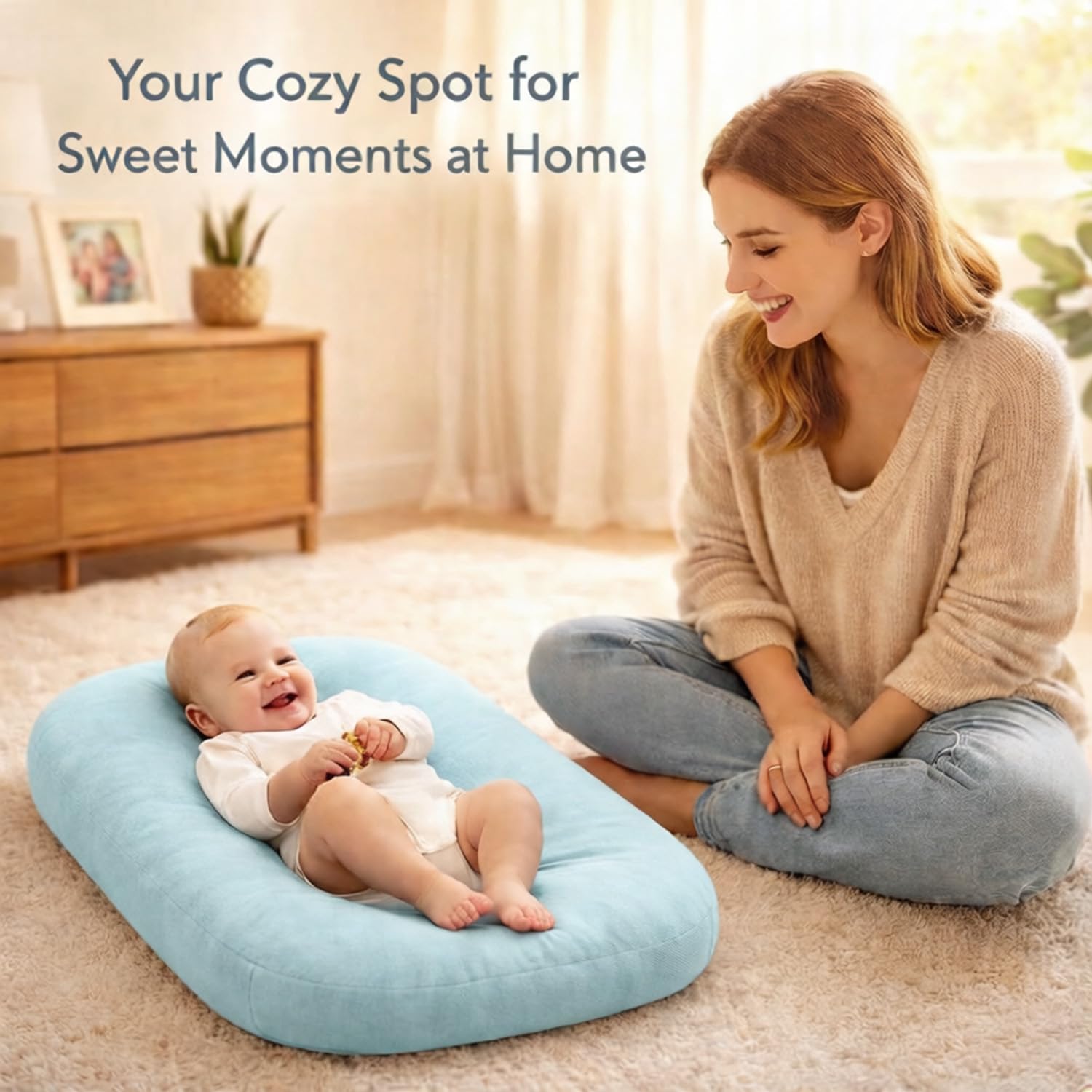Condition photo showing New/Like New for baby lounger for newborn,baby nest for newborn soft cotton breathable for playtime & relaxation,flat babies essentials gifts newborn lounger for boys & girls 0-12 months(misty blue)