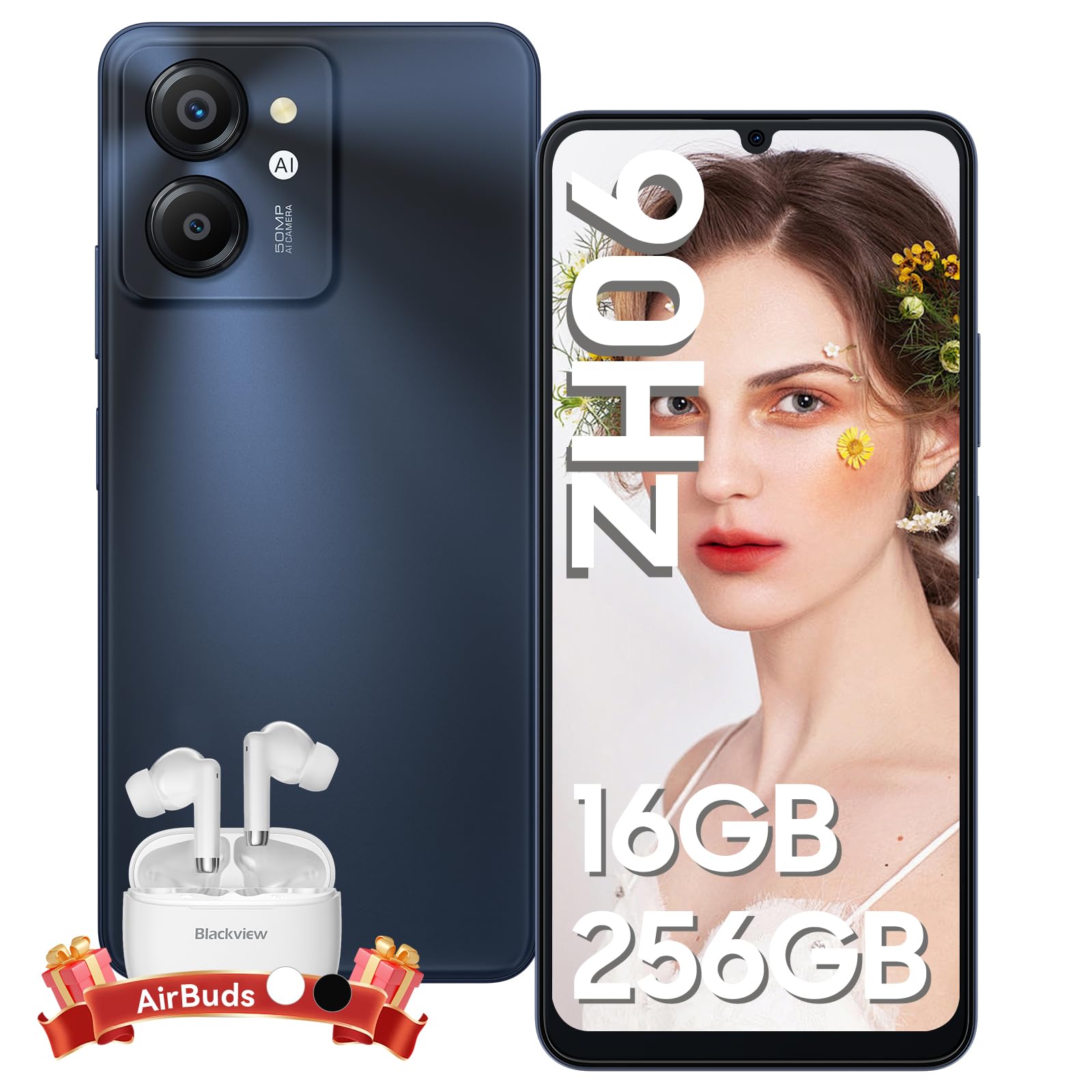 Blackview Color8 Smartphone, 16GB RAM+256GB ROM/1TB-TF Octa-Core, 6.75'' HD+/90Hz, 50MP+8MP, 6000mAh, Android 13, 4G Dual SIM Telefono Cellulare, Face ID/Fingerprint/OTG/3 Slot/3.5mm Jack, Nero