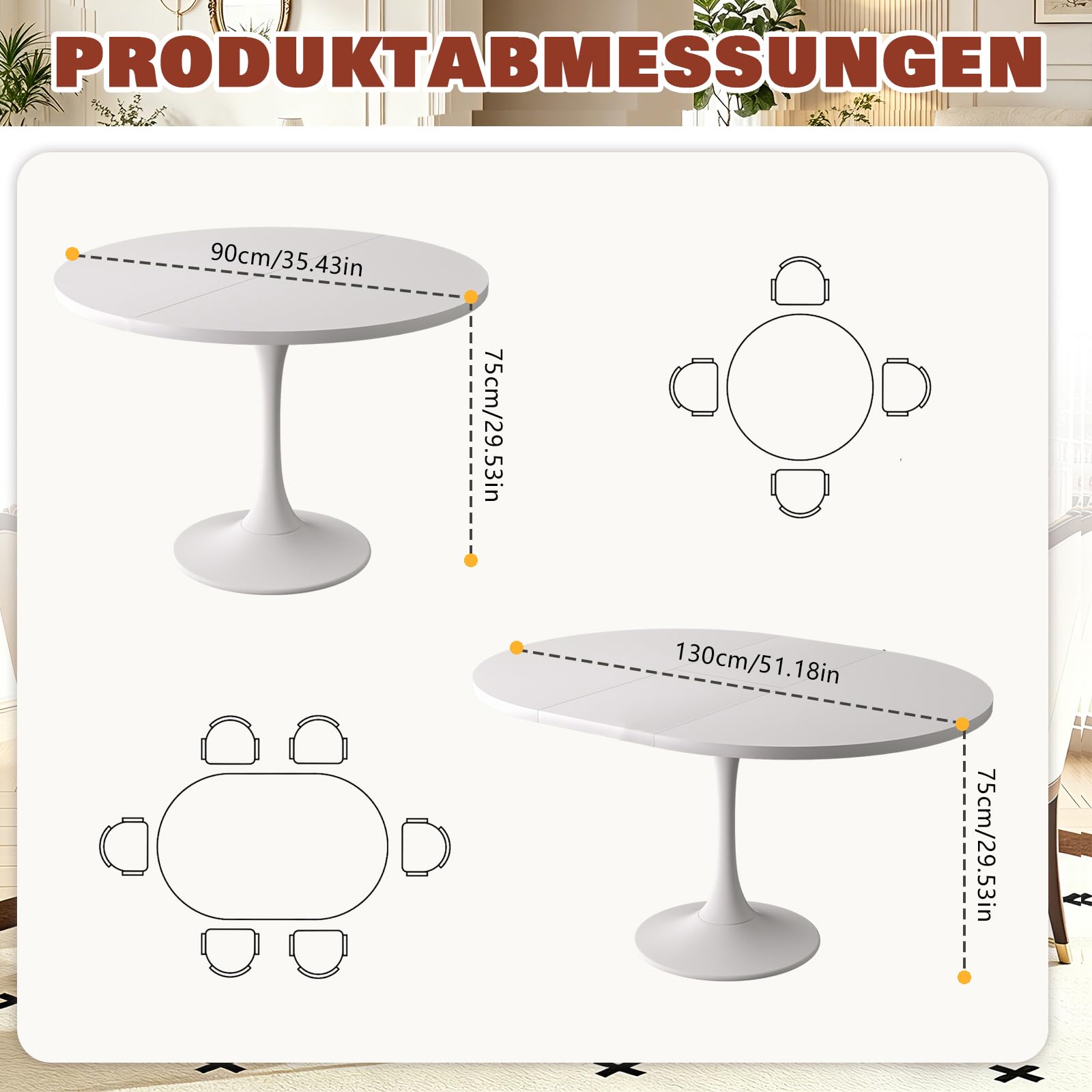 Ausziehbarer Esstisch, Ø 90 cm / 130 × 90 cm, Höhe 75 cm,