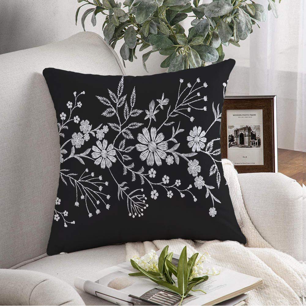 Throw Pillow Cover Small Violet White Twig Tiny Lace Thread Flower Border Black Floral Abstract Pattern Stitching Decorative Case Cushion Cover for Sofa Bedroom Home Decor 16x16 Inch