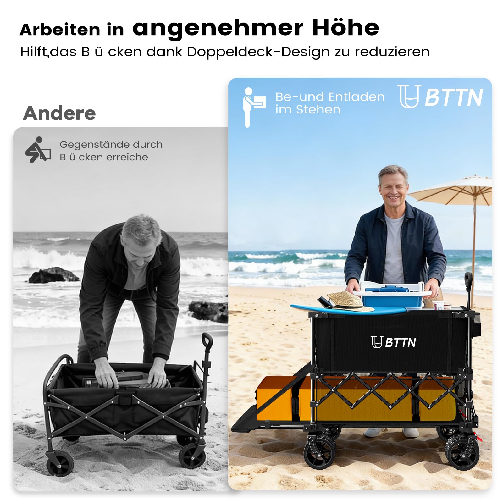 BTTN 400L Doppeldecker Bollerwagen Faltbar, Bremsen & Heckklappe, Schwarz | 250kg Traglast, 18×10cm All-Terrain-Räder, Ergonomiegriff, faltbarer Handwagen für Garten, Camping, Einkaufen, Picknick & Co.