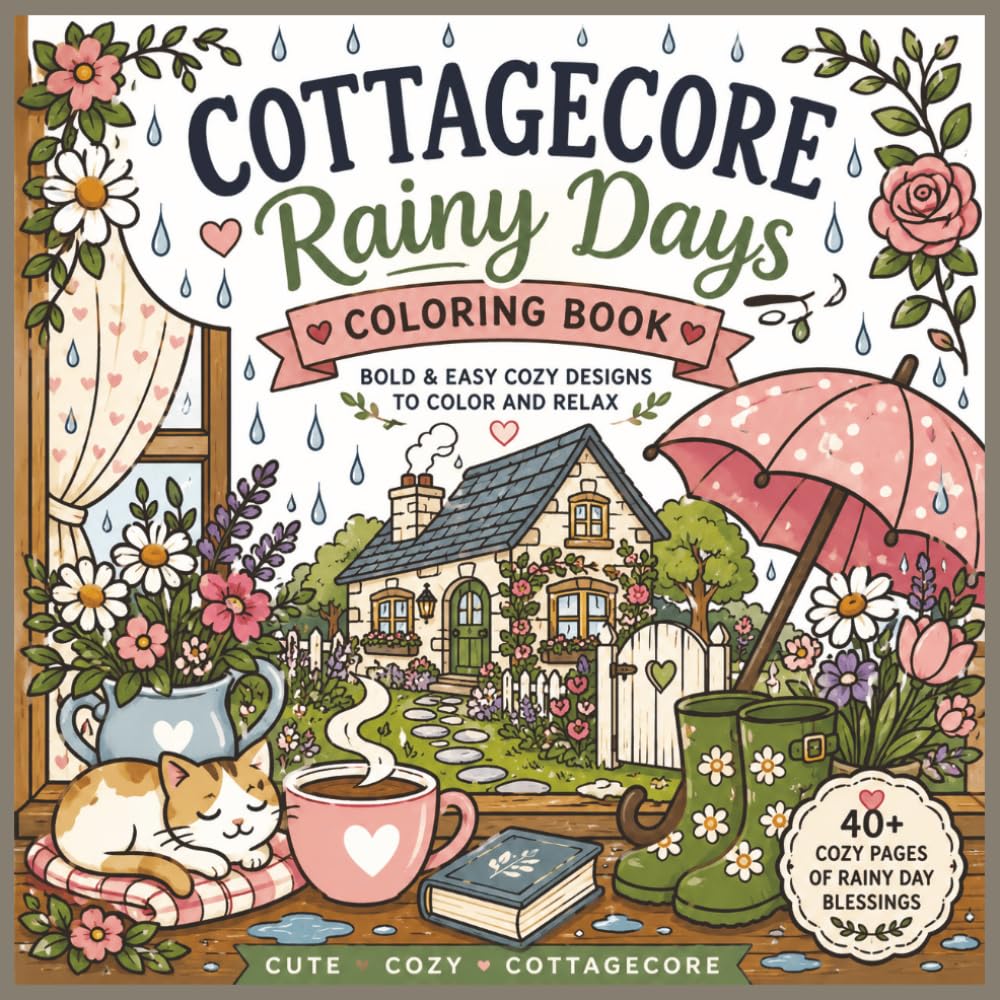 Cottagecore Rainy Days Coloring Book: Cozy Rainy Day Scenes with Cottages, Umbrellas, Teacups, Flowers, Cats, and Peaceful Country Charm
