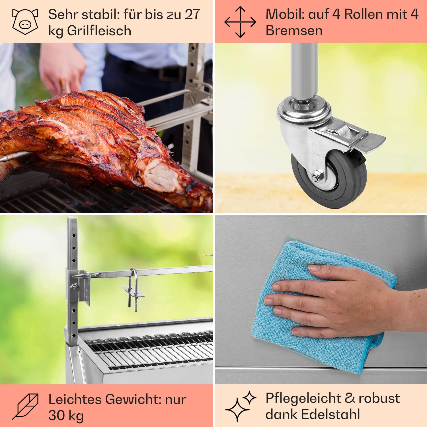 Oneconcept Sauenland Mobiler Lammgrill Spanferkelgrill mit Motor und Edelstahl-