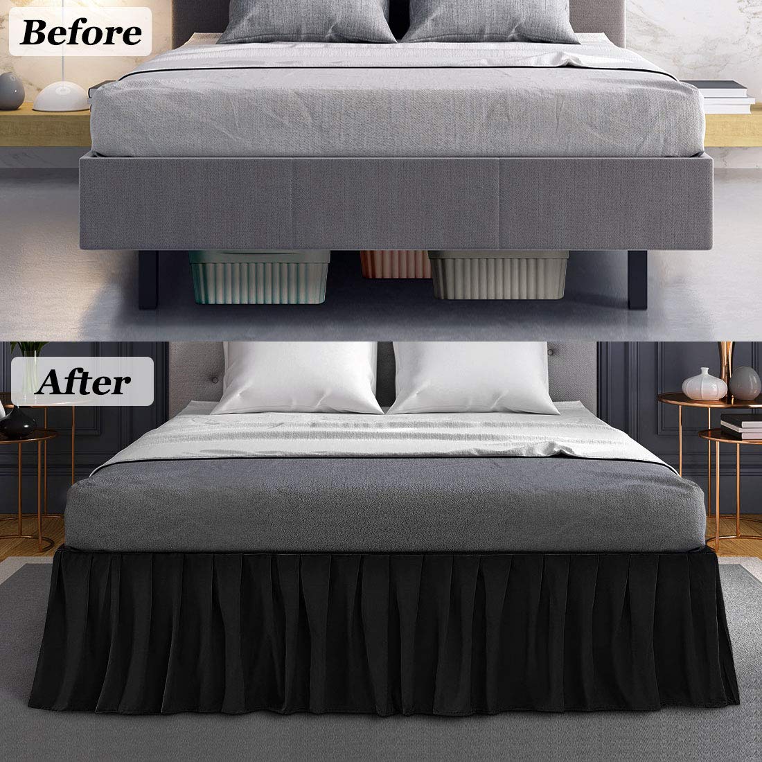 PiccoCasa - Gonna per letto con ruches in poliestere spazzolato di qualità hotel, durevole, resistente alle rughe e allo sbiadimento, per camera da letto, 45,5 cm, colore: Nero