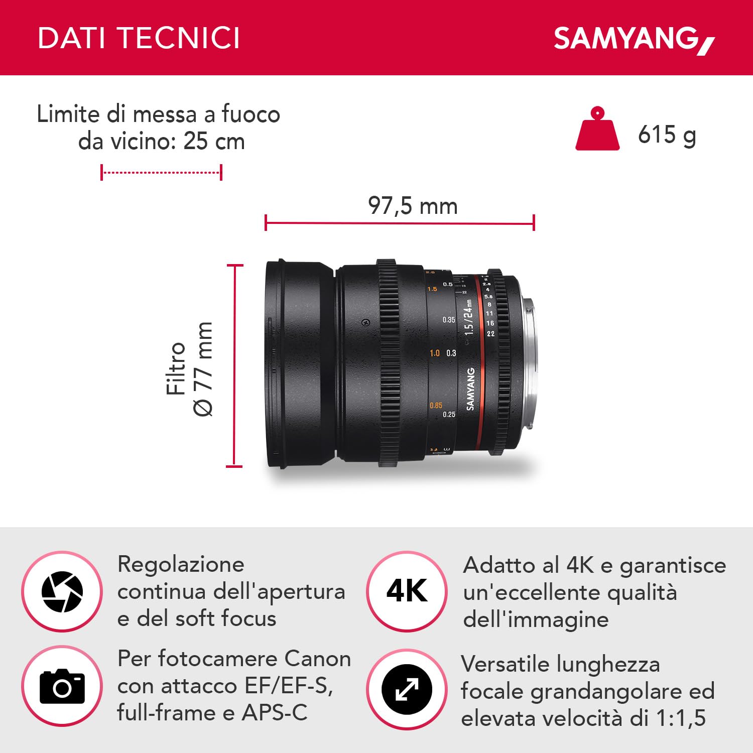 Obiettivi Samyang 24mm/T1.5 ED AS UMC VDSLR : Amazon.it: Elettronica