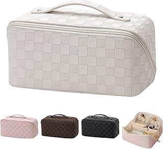 Travel Makeup Bag with Handle and Divider, Portable Large Capacity Travel Cosmetic Bag Waterproof Makeup Organizer Bag, Multifunctional PU Leather Makeup Bag Opens Flat Toiletry Bag for Women (White)