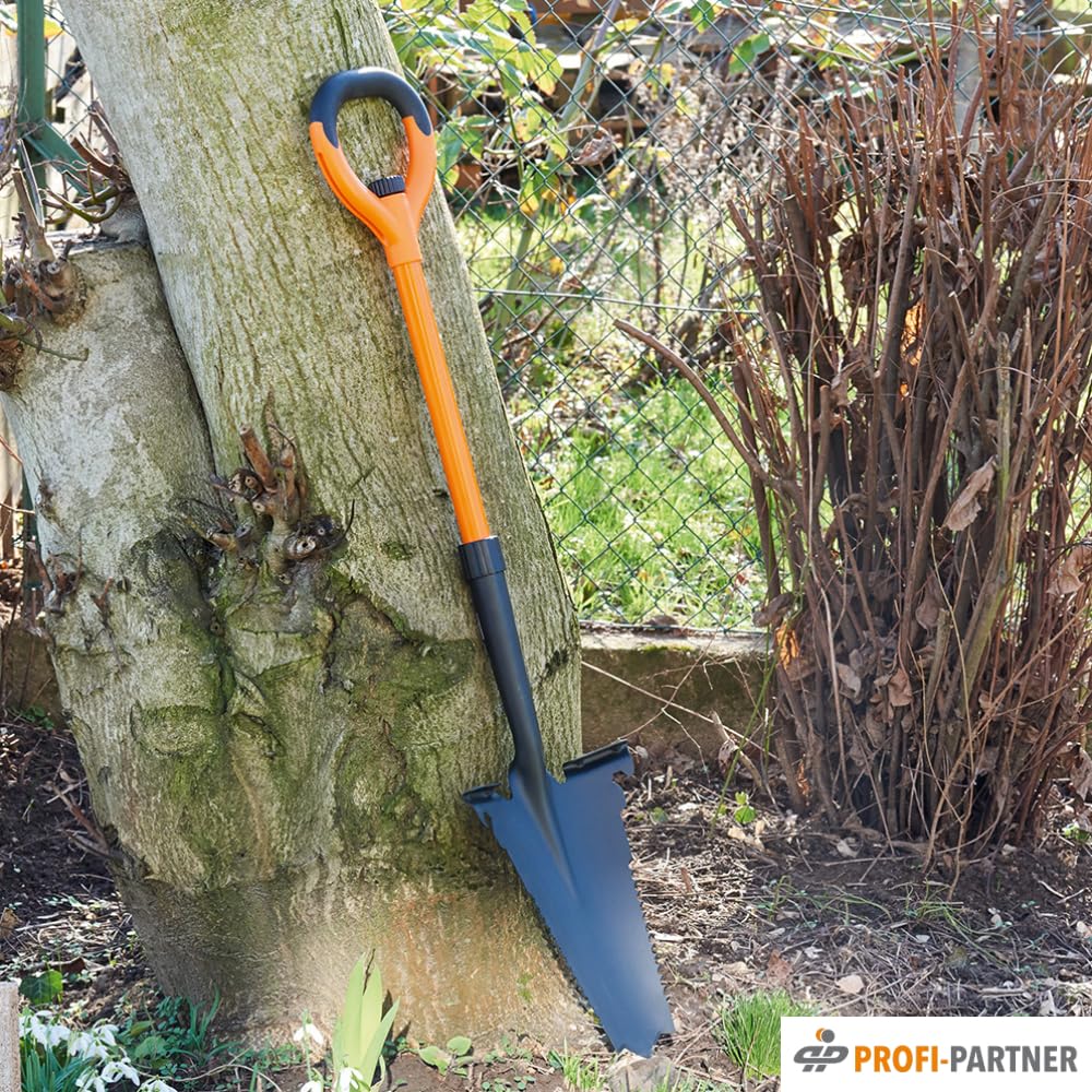 Spaten mit Wurzelsäge - Spitze aus Karbonstahl mit scharfen Zähnen, Griff aus Fieberglas, Integrierter Maulschlüssel & Flaschenöffner, 114 cm, Zerlegbar, Orange und Schwarz