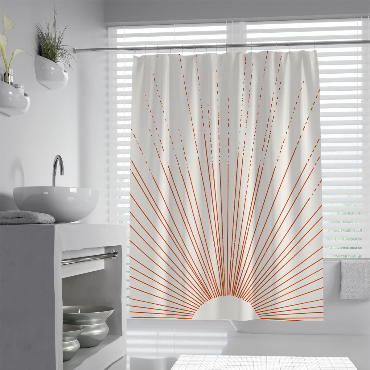 UIRINGART Mid Century Sunburst Shower Curtain W180xL200cm Boho Terracotta Fabric Waterproof Anti Mould Small Bathroom Screen With Hook