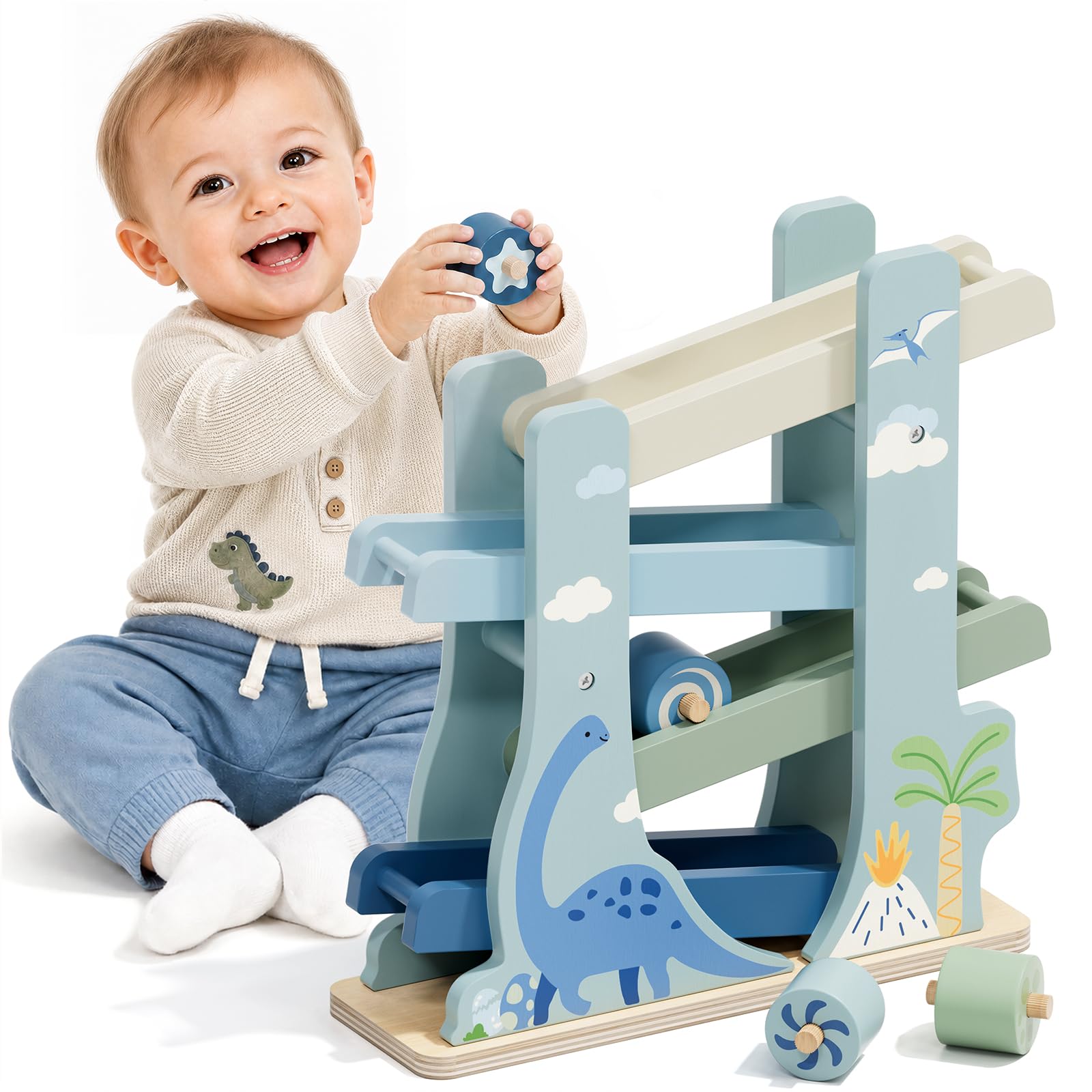 Lehoo Castle Wooden Ramp Toy Blue Dinosaur Roller Drop for Boys Age 18M+