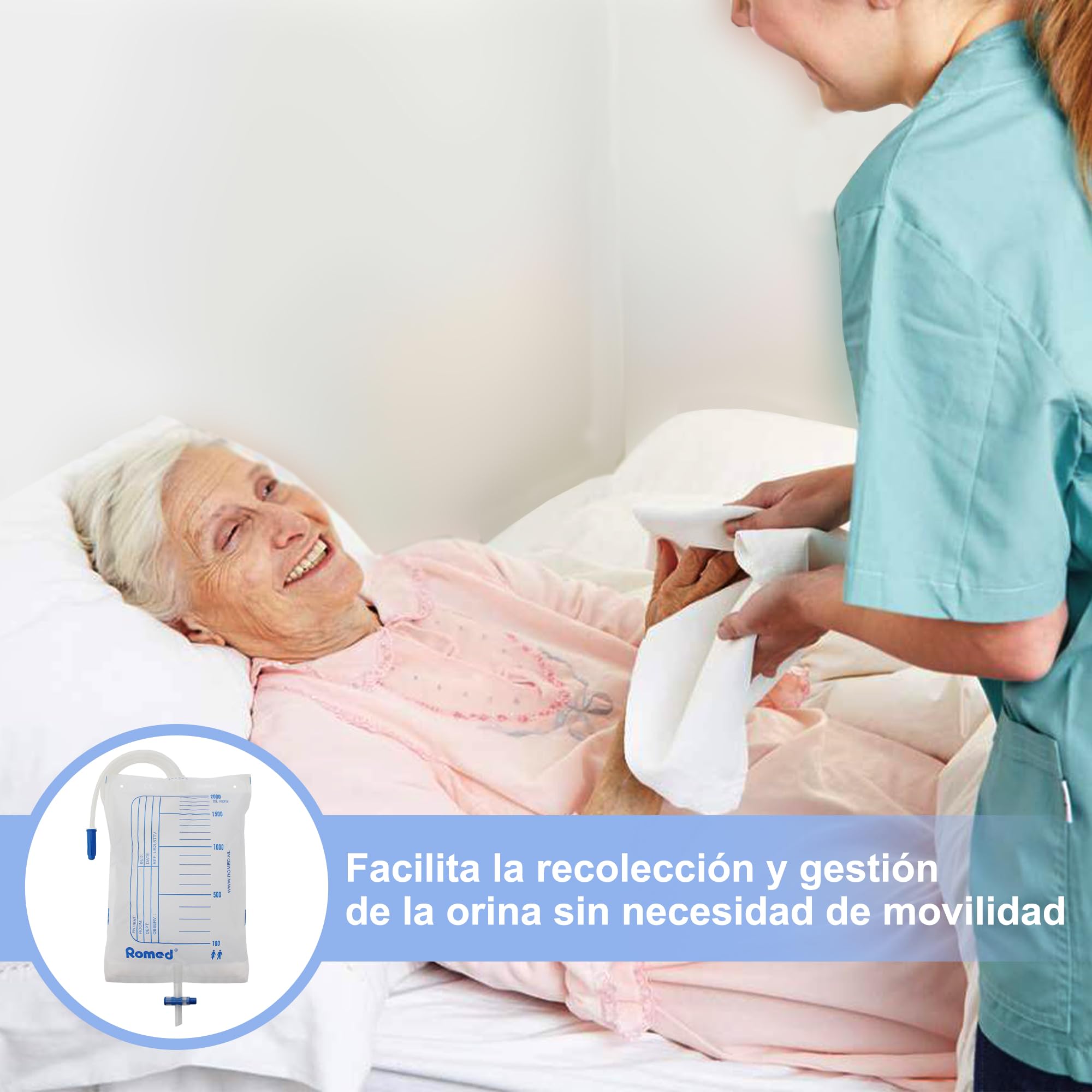 ROMED Bolsas de Orina 2 Litros Transparentes - Pack de 30 Unidades | Colector Urinario con Tubo Flexible de 90 cm y Válvula Anti-Reflujo | Diseñadas para Incontinencia en Hombre y Mujer